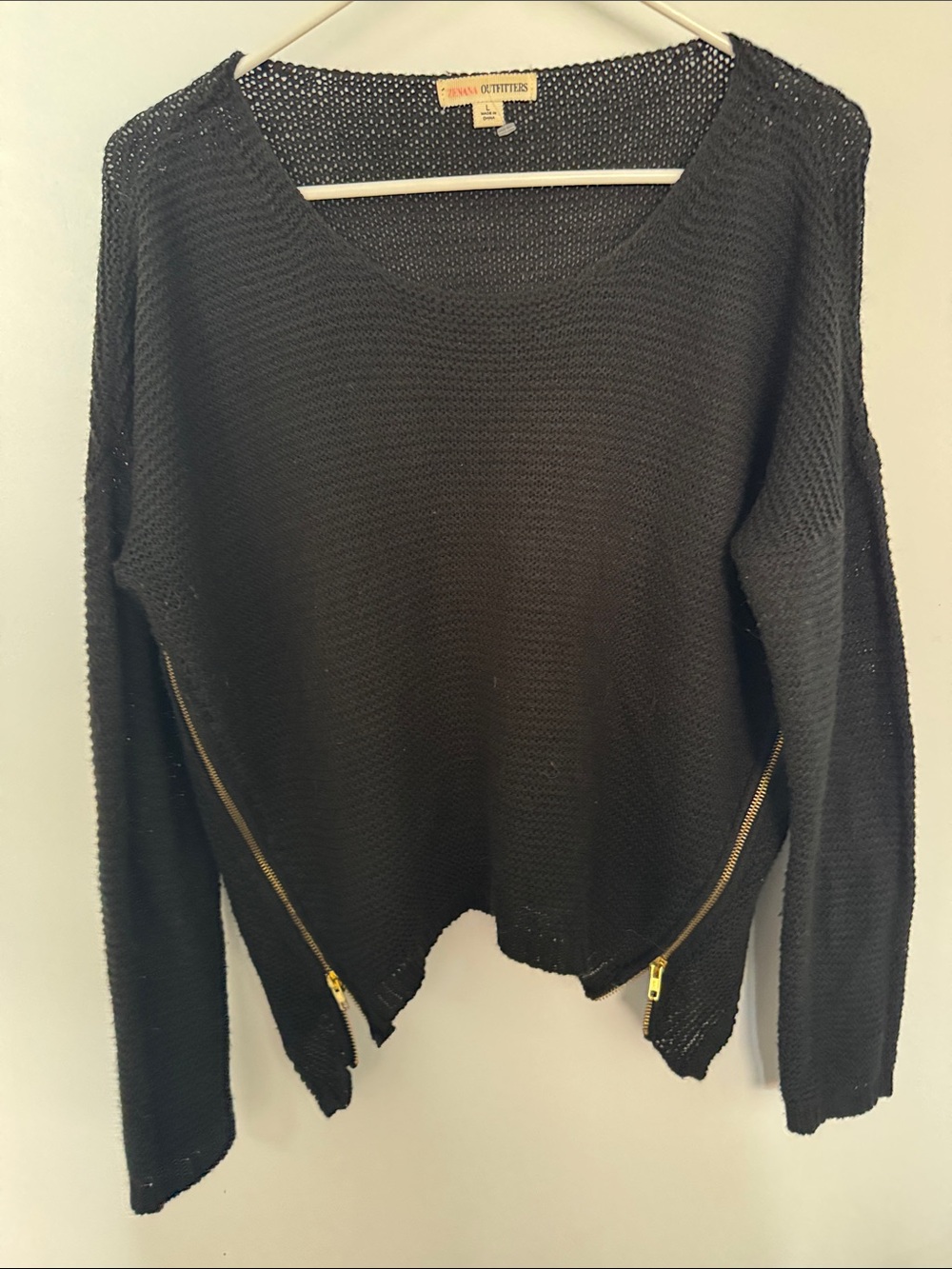 Zenana Outfitters Black Semi Open-Knit Crewneck Sweater with Gold Zippers